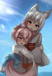 Rule 34 | 2girls, absurdres, animal ears, blue sky, blush, day, fangs, grey hair, hair between eyes, hand on another&#039;s arm, hand on another&#039;s head, highres, hotel01, hug, japanese clothes, kimono, kimono skirt, multiple girls, one eye closed, original, outdoors, pink eyes, pink hair, red eyes, short hair, sky, smile, sunlight, tail, wolf ears, wolf tail