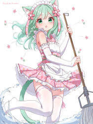 Rule 34 | :o, animal ears, apron, cat ears, cat girl, cat tail, cleaning, elbow gloves, frilled apron, frills, gloves, green eyes, green hair, hazakura hinata, highres, holding, holding mop, maid, maid apron, mop, original, tail, wa maid