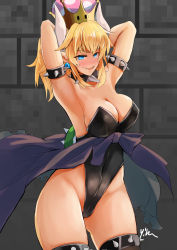 Rule 34 | 1girl, absurdres, armlet, armpits, arms behind head, arms up, bare shoulders, black thighhighs, blonde hair, blue eyes, blush, bowsette, bracelet, breasts, cleavage, collar, crown, dress, earrings, from side, half-closed eyes, highres, horns, jewelry, large breasts, leotard, looking at viewer, mario (series), mushroom, nintendo, ponytail, sharp teeth, solo, spiked armlet, spiked bracelet, spiked collar, spikes, standing, super crown, teeth, thick eyebrows, thighhighs, thighs, v-shaped eyebrows, yilan un