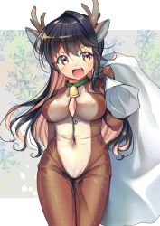 Rule 34 | 1girl, absurdres, animal costume, antlers, black hair, border, breasts, brown eyes, christmas, fake antlers, fang, highres, horns, kantai collection, large breasts, long hair, looking at viewer, multicolored hair, naganami (kancolle), open mouth, pink hair, reindeer antlers, reindeer costume, sack, smile, snowflake print, solo, two-tone hair, wavy hair, white border, yashin (yasinz)