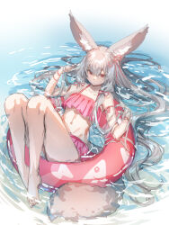 Rule 34 | 1girl, animal ear fluff, animal ears, bare arms, bare legs, bare shoulders, barefoot, bikini, closed mouth, commentary request, fox ears, fox girl, fox tail, frilled bikini, frills, grey hair, hair between eyes, hands up, highres, holding, holding own hair, innertube, long hair, looking at viewer, original, pink bikini, red eyes, solo, swim ring, swimsuit, tail, very long hair, water, yuuji (yukimimi)