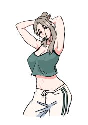 Rule 34 | 1girl, adjusting hair, armpits, arms up, bad id, bad pixiv id, breasts, brown hair, camisole, covered erect nipples, cowboy shot, crop top, green camisole, large breasts, midriff, mouth hold, navel, original, pants, royal tea, simple background, solo, strap gap, white background, white pants