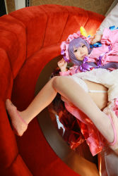 Rule 34 | 1girl, asian, cosplay, couch, crescent, dress, female focus, hat, highres, long hair, patchouli knowledge, photo (medium), purple hair, red upholstery, solo, tenshi myu, touhou