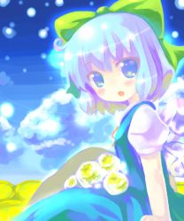 Rule 34 | 1girl, 23, 23 (candy chapus), :d, ahoge, blue dress, blue eyes, blue hair, blush, bow, cirno, cloud, day, dress, female focus, flat chest, from side, glowing, hair bow, ice, ice wings, light particles, matching hair/eyes, mountain, neck ribbon, no nose, open mouth, outdoors, puffy sleeves, ribbon, shoot the bullet, short sleeves, sitting, sky, smile, solo, touhou, wings