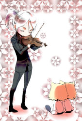 Rule 34 | 00s, animal ears, blonde hair, cat ears, closed eyes, formal, from behind, instrument, melty blood, neco-arc, nekoda kuro, ponytail, riesbyfe stridberg, smile, suit, tsukihime, type-moon, violin, white hair