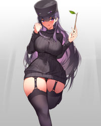 Rule 34 | 1girl, absurdres, black hat, black panties, black sweater, black thighhighs, breasts, commentary, curvy, enderman, english commentary, garter straps, gradient background, hands up, hat, highres, holding, holding stick, large breasts, long hair, long sleeves, minecraft, mixed-language commentary, no pants, panties, purple eyes, purple hair, ribbed sweater, simple background, solo, standing, standing on one leg, stick, sweater, thick thighs, thighhighs, thighs, tongue, turtleneck, turtleneck sweater, underwear, very long hair, wide hips, yeong r6