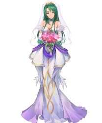 Rule 34 | 1girl, bouquet, breasts, bridal veil, cecilia (fire emblem), cleavage, detached collar, dress, female focus, fire emblem, fire emblem: the binding blade, fire emblem heroes, flower, full body, gold trim, green eyes, green hair, hair ornament, head tilt, highres, holding, holding bouquet, kainown, large breasts, long hair, looking at viewer, matching hair/eyes, nintendo, non-web source, official alternate costume, official art, smile, solo, standing, strapless, strapless dress, transparent background, veil, wedding dress, white dress