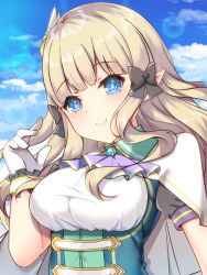 Rule 34 | 1girl, blonde hair, blue eyes, blunt bangs, breasts, elf, hair ornament, long hair, looking at viewer, lux (dera ix), pointy ears, princess connect!, saren (princess connect!), solo, split mouth