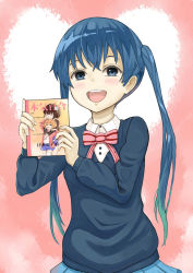 Rule 34 | 1girl, :d, alice cartelet, black hair, blue eyes, blue hair, blue skirt, blue sweater, blush, bob cut, bow, bowtie, breasts, closed eyes, commentary request, futao (nibbles-wabina), heart, heart background, holding, hug, hug from behind, kin-iro mosaic, komichi aya, long hair, long sleeves, manga (object), multicolored hair, open mouth, pink bow, pink bowtie, pleated skirt, school uniform, short hair, skirt, small breasts, smile, solo, striped bow, striped bowtie, striped clothes, striped neckwear, sweater, twintails, two-tone hair, upper body