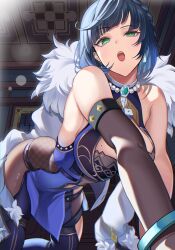 Rule 34 | 1girl, absurdres, all fours, bare shoulders, black gloves, black hair, blue dress, blue hair, bob cut, bracelet, braid, breasts, clothing cutout, diagonal bangs, dice, dress, elbow gloves, feather-trimmed jacket, fishnets, from below, genshin impact, gloves, green eyes, highres, indoors, jacket, jacket on shoulders, jewelry, large breasts, looking at viewer, mitarashimame, mole, mole on breast, navel, navel cutout, open mouth, pelvic curtain, perspective, purple lips, short hair, single elbow glove, sleeveless, sleeveless dress, solo, teeth, upper teeth only, white jacket, yelan (genshin impact)