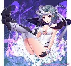 Rule 34 | 10s, 1girl, :o, asymmetrical gloves, bandages, black footwear, black gloves, black wings, boots, breasts, choker, cleavage, collarbone, copyright name, feathered wings, full body, gloves, grey hair, grey thighhighs, leotard, long hair, looking at viewer, medium breasts, purple eyes, ray-akila, solo, striped clothes, striped leotard, thighhighs, uneven gloves, white leotard, wings, wixoss