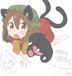 Rule 34 | &gt; &lt;, 2girls, all fours, animal ears, animal hands, blush stickers, bow, bowtie, brown eyes, brown hair, cat ears, cat tail, chen, chibi, chibi inset, citrus (place), dress, excited, gao, gloves, hair between eyes, hat, heart, looking at viewer, medium hair, mob cap, multiple girls, multiple tails, nekomata, open mouth, paw gloves, red dress, sleeves past fingers, sleeves past wrists, solo focus, tail, touhou, two tails, v-shaped eyebrows, yakumo ran, yellow bow, yellow bowtie