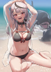 Rule 34 | 1girl, :d, absurdres, animal, arimoto wataru, arms up, beach, bikini, black collar, blurry, blurry background, breasts, cleavage, collar, grey hair, highres, hololive, large breasts, long hair, looking at viewer, navel, open mouth, orca, red eyes, sakamata chloe, see-through, see-through shirt, sitting, smile, solo focus, stomach, swimsuit, thighs, virtual youtuber, yokozuwari