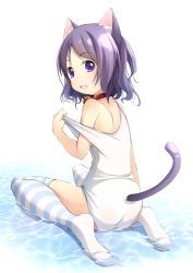 Rule 34 | 1girl, animal ears, ass, bare shoulders, bell, cat ears, clothes pull, clothing cutout, collar, from behind, jingle bell, looking back, one-piece swimsuit, one-piece swimsuit pull, open mouth, original, purple eyes, purple hair, school swimsuit, shibacha (shibacha 0728), short hair, sitting, smile, solo, striped clothes, striped thighhighs, swimsuit, tail, tail through clothes, thighhighs, water, white one-piece swimsuit, white school swimsuit