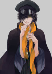 Rule 34 | 1boy, black hair, fate/grand order, fate (series), finger to mouth, fu yukari, glowing, glowing eye, grey background, hair over one eye, hat, jacket, jacket on shoulders, japanese clothes, koha-ace, long hair, male focus, okada izou (fate), orange scarf, police hat, ponytail, scarf, simple background, solo, yellow eyes