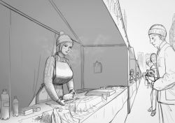 Rule 34 | 1girl, 4boys, absurdres, apron, bad id, bad twitter id, bottle, breasts, building, food, greyscale, hat, highres, holding, knife, large breasts, long sleeves, monochrome, multiple boys, original, ponytail, profile, steam, vanishing point, wass nonnam