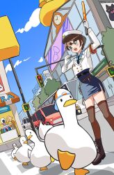 1girl bird brown_hair building cafe car city clock crosswalk duck hat highres hololive intersection listener_(inugami_korone) motor_vehicle nekomata_okayu onigirya_(nekomata_okayu) oozora_subaru oozora_subaru_(8th_costume) open_mouth police_hat remirii road road_sign shirt short_hair sidewalk sign street subaru_duck swept_bangs traffic traffic_baton traffic_officer virtual_youtuber whistle