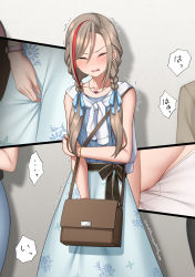 Rule 34 | ..., 1girl, bag, bare shoulders, black ribbon, blue ribbon, blue shirt, blue skirt, blush, bracelet, braid, breasts, brown hair, close-up, closed eyes, collarbone, embarrassed, female focus, floral print, hair between eyes, hair ribbon, have to pee, highres, holding own arm, japanese text, jewelry, kurusu natsume, kurusu natsume (1st costume), long hair, maanii, multicolored hair, multiple views, necklace, nijisanji, nose blush, open mouth, panties, partially visible vulva, pee, red hair, ribbed shirt, ribbon, sash, shirt, shirt tucked in, shoulder bag, skirt, sleeveless, sleeveless shirt, small breasts, solo focus, speech bubble, spoken ellipsis, standing, streaked hair, sweat, sweater, sweater around neck, tears, translation request, trembling, twin braids, two-tone hair, underwear, virtual youtuber, watch, white panties, white sweater, wristwatch