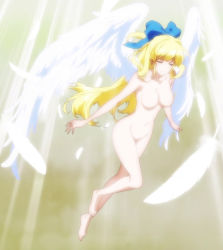 Rule 34 | 1girl, blonde hair, breasts, closed eyes, feathered wings, female focus, full body, highres, kono yuusha ga ore tueee kuse ni shinchou sugiru, large breasts, light, long hair, nude, ristarte (kono yuusha ga ore tueee kuse ni shinchou sugiru), screencap, smile, solo, stitched, third-party edit, wings