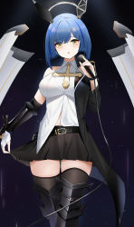 Rule 34 | 1girl, :o, azur lane, belt, black background, black belt, black footwear, black skirt, black thighhighs, blue hair, blush, boots, breasts, clothes lift, cross-shaped pupils, feet out of frame, fingerless gloves, gascogne (azur lane), gascogne (muse) (azur lane), gauntlets, gloves, highres, holding, holding microphone, knee boots, looking at viewer, medium breasts, armored boots, microphone, official alternate costume, open mouth, qing wu, shirt, short hair, single gauntlet, single glove, skirt, skirt lift, solo, standing, symbol-shaped pupils, thighhighs, watch, white gloves, white shirt, wristwatch, yellow eyes
