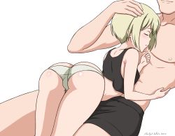 Rule 34 | 1boy, 1girl, abridged-satoko, ass, black tank top, blonde hair, blush, breasts, butt crack, closed mouth, erica hartmann, hetero, panties, shiny skin, short hair, simple background, small breasts, smile, strike witches, tank top, underwear, white background, white panties, world witches series