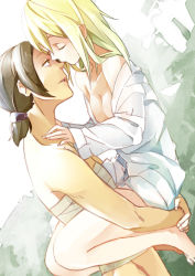 Rule 34 | 2girls, bad id, bad pixiv id, bare shoulders, black hair, blonde hair, bottomless, breasts, krista lenz, cleavage, couple, dutch angle, closed eyes, female focus, freckles, from side, holding, kiss, kissing nose, long hair, multiple girls, open clothes, open shirt, ponytail, sarashi, shingeki no kyojin, shirt, short hair, small breasts, tribute (tributism), white shirt, ymir (shingeki no kyojin), yuri
