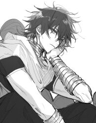 Rule 34 | 1boy, bishounen, black hair, closed mouth, from side, greyscale, highres, jewelry, judal, long hair, looking ahead, magi the labyrinth of magic, male focus, monochrome, multiple bracelets, neck ring, sitting, solo, umenoume