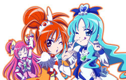 Rule 34 | &gt; &lt;, 00s, 10s, 3girls, :d, ;q, blue eyes, blue hair, brooch, closed eyes, cure dream, cure marine, cure sunny, heart, heart brooch, heartcatch precure!, highres, hino akane (smile precure!), jewelry, kurumi erika, long hair, magical girl, monyotarosu, multiple girls, one eye closed, open mouth, orange hair, pink hair, precure, red eyes, smile, smile precure!, tiara, tongue, tongue out, wink, xd, yes! precure 5, yumehara nozomi