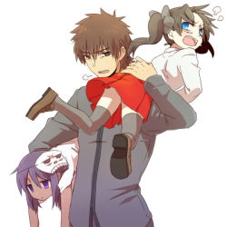 Rule 34 | 1boy, 2girls, blue eyes, brown eyes, brown hair, carrying, carrying over shoulder, carrying under arm, child assassin (fate/zero), fate/zero, fate (series), kotomine kirei, long hair, mask, multiple girls, purple eyes, purple hair, ruchi, short hair, tohsaka rin, twintails, aged down