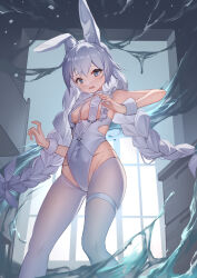 Rule 34 | 1girl, absurdres, animal ears, azur lane, blue eyes, bow, braid, breasts, chinese commentary, choker, commentary request, covered navel, fake animal ears, flood, hair bow, highres, indoors, le malin (azur lane), le malin (listless lapin) (azur lane), leotard, looking at viewer, low twin braids, nontraditional playboy bunny, o-ring, o-ring choker, open mouth, pantyhose, rabbit ears, small breasts, solo, standing, sweatdrop, thigh strap, twin braids, water, wavy mouth, white bow, white choker, white hair, white leotard, white pantyhose, wrist cuffs, xiaoguolidun