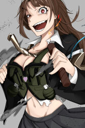 Rule 34 | 1girl, absurdres, amabuki marie, brown eyes, brown hair, caligula 2, collarbone, commentary request, crazy eyes, crazy grin, dark persona, dynamite, explosive, grenade, grey background, heart, heart-shaped pupils, highres, load bearing vest, long hair, looking at viewer, mizuguchi marie, necktie, ranaway kooma, skirt, solo, spoilers, symbol-shaped pupils, torn clothes, uneven eyes