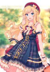 Rule 34 | 1girl, bad id, bad pixiv id, bare arms, belt, blonde hair, blue belt, blue dress, blue eyes, blurry, blurry background, bow, breasts, collarbone, commentary request, dot nose, dress, hair bow, hair ornament, hat, highres, holding, idolmaster, idolmaster cinderella girls, long hair, looking at viewer, medium breasts, migolu, ohtsuki yui, open mouth, puffy short sleeves, puffy sleeves, red hat, short sleeves, smile, solo, suitcase, wrist cuffs