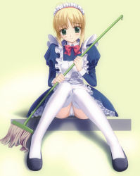 Rule 34 | 00s, 1girl, alternate costume, artoria pendragon (all), artoria pendragon (fate), blonde hair, blush, enmaided, fate/stay night, fate (series), flats, green eyes, holding, maid, mop, panties, pantyshot, ribbon, saber (fate), short hair, simple background, sitting, solo, thighhighs, underwear