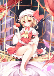 Rule 34 | 1girl, aibumi, ascot, bad id, bad pixiv id, barefoot, birdcage, blonde hair, cage, flandre scarlet, flower, hat, heart, highres, looking at viewer, mob cap, pen-zin, puffy sleeves, red eyes, red flower, red rose, rose, shirt, short sleeves, side ponytail, sitting, skirt, skirt set, smile, solo, touhou, vest, white flower, white rose, wings