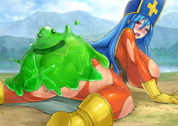 Rule 34 | 1girl, anal, anus, ass, blue hair, bodysuit, boots, breasts, chunsoft, cleft of venus, clothed sex, dragon quest, dragon quest iii, enix, from behind, glasses, gloves, hat, huge breasts, large areolae, long hair, looking back, lying, mesiuma joutai, monster, no bra, no panties, on ground, on stomach, open mouth, priest (dq3), puffy nipples, purple eyes, pussy, sex, slime (dragon quest), sweat, torn clothes, uncensored