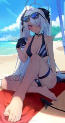 Rule 34 | 1girl, barefoot, beach, beach towel, bikini, black bikini, black gloves, blue archive, blue ribbon, blue sky, blush, choker, cloud, cloudy sky, collarbone, commentary, dark-skinned female, dark skin, day, demon tail, eyewear on head, feet, foreshortening, gloves, grey hair, hair over one eye, hair ribbon, highres, holding, iori (blue archive), iori (swimsuit) (blue archive), knee up, legs, looking at viewer, on ground, open mouth, outdoors, parted bangs, pointy ears, purple eyes, ribbon, shadow, sitting, skindentation, sky, solo, spread toes, sunglasses, swept bangs, swimsuit, tail, thigh strap, thighs, toenails, toes, towel, wet, yuura