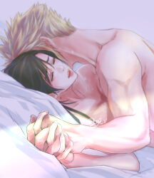 Rule 34 | 1boy, 1girl, bed sheet, black hair, blonde hair, blurry, blurry background, boy on top, breasts, closed eyes, cloud strife, collarbone, commentary request, completely nude, couple, earrings, final fantasy, final fantasy vii, goodsign, hetero, highres, holding hands, indoors, interlocked fingers, jewelry, large breasts, light blush, long hair, lying, nude, on back, parted lips, pillow, red lips, short hair, spiked hair, stud earrings, sweat, swept bangs, tifa lockhart, toned, toned male, twitter username, upper body