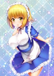 Rule 34 | 1girl, blonde hair, blue background, blue dress, blush, breasts, commentary request, cowboy shot, dress, finger to mouth, frills, hand up, index finger raised, large breasts, light particles, looking at viewer, maid, maid headdress, mugetsu (touhou), petticoat, puffy short sleeves, puffy sleeves, sea scorpion (umisasori), short dress, short hair, short sleeves, sidelocks, smile, solo, standing, touhou, touhou (pc-98), yellow eyes