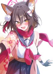 Rule 34 | 1girl, animal ears, black gloves, blue archive, blush, brown hair, cropped shirt, fang, fox ears, fox hair ornament, gloves, hair between eyes, halo, highres, izuna (blue archive), looking at viewer, midriff, neckerchief, partially fingerless gloves, red neckerchief, revision, school uniform, serafuku, simple background, skin fang, smile, solo, white background, yampa, yellow eyes