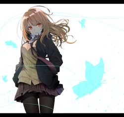 Rule 34 | &gt;:), 1girl, absurdres, black jacket, black necktie, black pantyhose, brown hair, bug, butterfly, cardigan, cowboy shot, evening, hands in pockets, highres, insect, jacket, kazenoko, letterboxed, long hair, looking at viewer, miniskirt, necktie, open clothes, open jacket, orange eyes, original, pantyhose, parted lips, plaid, plaid skirt, pleated skirt, skirt, smile, solo, v-shaped eyebrows, white background