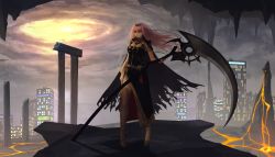 Rule 34 | 1girl, absurdres, breasts, cape, cityscape, crabi, destruction, highres, hololive, hololive english, large breasts, long hair, looking at viewer, lava, mori calliope, pink hair, red eyes, scythe, solo, thighhighs, torn cape, torn clothes, virtual youtuber