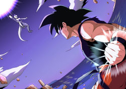Rule 34 | 2boys, black hair, blue shirt, clenched hand, cloud, colored skin, dragon ball, dragonball z, energy ball, fighting, floating rock, frieza, haruhisky, looking at another, multiple boys, namek, ocean, orange pants, pants, rock, shirt, sky, son goku, spiked hair, tail, torn clothes, torn shirt, white skin, wristband