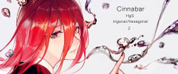 Rule 34 | 1other, androgynous, character name, chemical structure, cinnabar, cinnabar (houseki no kuni), close-up, closed mouth, collar, english text, gem uniform (houseki no kuni), hair between eyes, highres, houseki no kuni, liquid, long bangs, long hair, longyu, looking at viewer, nail polish, other focus, red eyes, red hair, red nails, tears