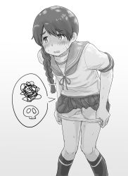Rule 34 | 1girl, blush, braid, commentary request, emonyu, greyscale, highres, kantai collection, kneehighs, long hair, monochrome, open mouth, panties, panty pull, pleated skirt, sailor collar, school uniform, serafuku, shaded face, short sleeves, simple background, single braid, skirt, skull, socks, solo, speech bubble, squiggle, sweat, tears, underwear, uranami (kancolle)