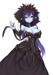 Rule 34 | 1girl, absurdres, arm under breasts, artist name, bad link, black sclera, blue skin, breast hold, breasts, caleana, colored sclera, colored skin, commission, cosplay, demon (monster girl encyclopedia), demon girl, demon horns, detached sleeves, dress, fate/apocrypha, fate/grand order, fate (series), fur collar, hair between eyes, highres, horns, large breasts, long hair, looking at viewer, monster girl encyclopedia, nail polish, pointy ears, purple hair, red eyes, second-party source, semiramis (fate), semiramis (fate) (cosplay), simple background, slit pupils, smile, solo, very long hair, white background