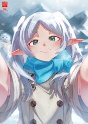 Rule 34 | 1girl, absurdres, artist logo, blue scarf, closed mouth, coat, commentary, dated, elf, english commentary, eruhanami, foreshortening, frieren, green eyes, grey coat, highres, long hair, long pointy ears, looking at viewer, meme, outdoors, parted bangs, pointy ears, pov, pov cheek warming (meme), reaching, reaching towards viewer, scarf, smile, solo, sousou no frieren, twintails, upper body, white hair, winter, winter clothes, winter coat
