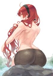 Rule 34 | 1girl, ahoge, ass, back, black hairband, black shorts, blush, breasts, closed mouth, commentary, eris greyrat, from behind, hairband, highres, large breasts, long hair, looking at viewer, looking back, mushoku tensei, onsen, outstretched arm, red eyes, red hair, rock, saico isshin, shorts, simple background, sitting, solo, topless, very long hair, water, white background