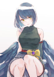 Rule 34 | 1girl, bare shoulders, black hair, black wings, breasts, closed mouth, feathered wings, genshin impact, hair between eyes, highres, japanese clothes, kujou sara, lips, looking at viewer, medium breasts, multiple wings, nocknocktt, pom pom (clothes), short hair, simple background, sleeveless, solo, white background, wings, yellow eyes