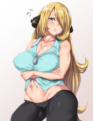 Rule 34 | 1girl, aqua shirt, arms under breasts, bare arms, bare shoulders, black pants, blonde hair, blue eyes, breast hold, breasts, cameltoe, casual, cleavage, cleft of venus, collarbone, contrapposto, covered erect nipples, cowboy shot, creatures (company), crop top, crossed arms, curvy, cynthia (pokemon), duplicate, female focus, flying sweatdrops, front-tie top, game freak, grey background, groin, hair ornament, hair over one eye, head tilt, highres, impossible clothes, inverted nipples, large breasts, long hair, looking at viewer, midriff, moisture (chichi), navel, nintendo, no bra, no panties, pants, parted lips, plump, pokemon, pokemon (anime), pokemon bw (anime), puffy nipples, shiny skin, shirt, sidelocks, simple background, sleeveless, sleeveless shirt, solo, standing, tareme, taut clothes, tight clothes, tight pants, very long hair