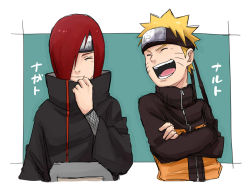 Rule 34 | 2boys, :d, bad id, bad pixiv id, black jacket, blonde hair, border, character name, closed eyes, closed mouth, crossed arms, forehead protector, green background, hair over one eye, highres, jacket, long sleeves, multiple boys, nagato (naruto), naruto (series), naruto shippuuden, ninja, open mouth, pinoko (pnk623), red hair, short hair, simple background, smile, teeth, uzumaki naruto